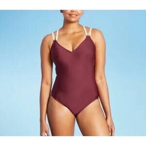 All in Motion Womens V-Neck One Piece Swimsuit Spaghetti Strap Size M Burgundy